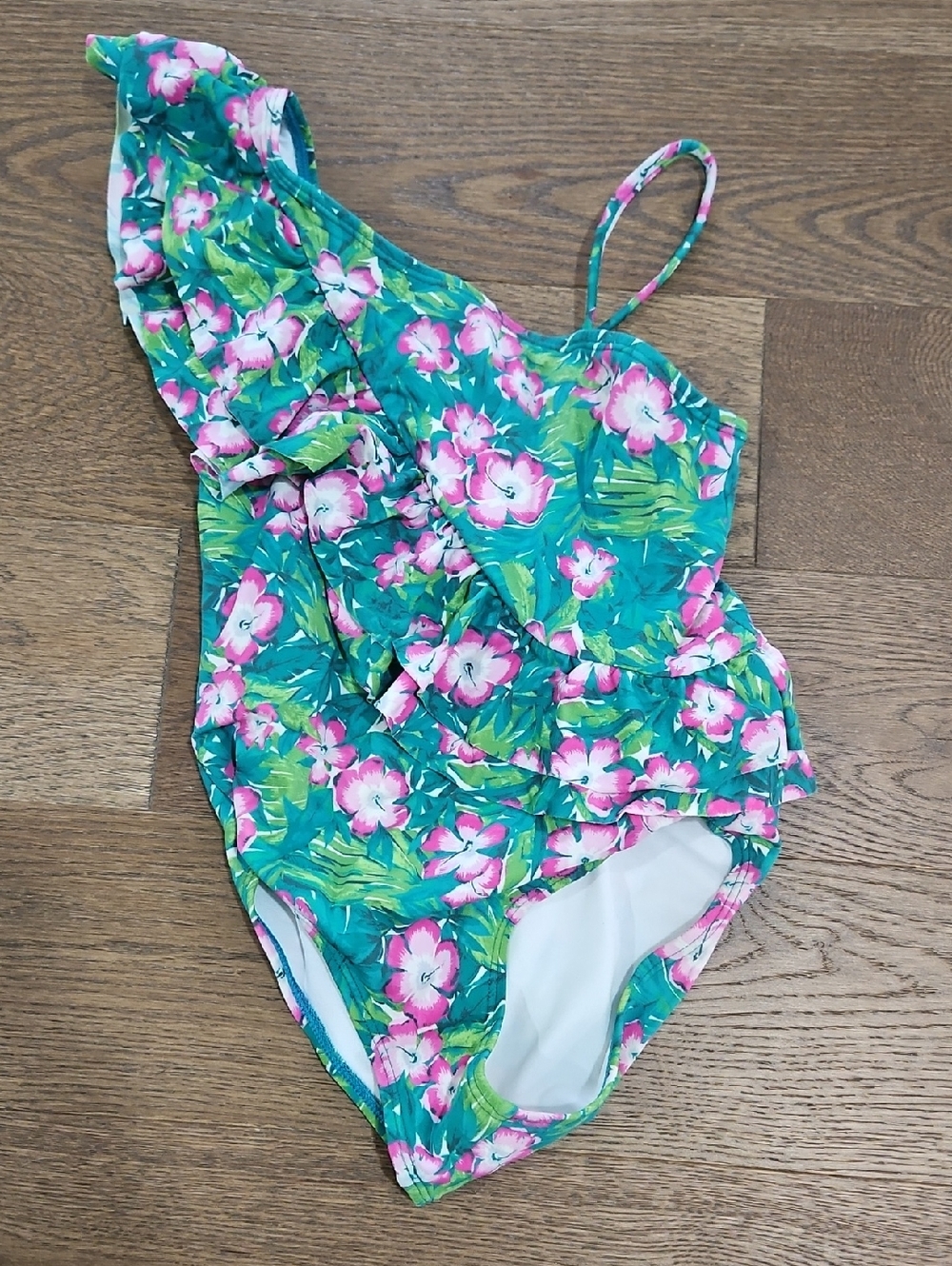 Janie and Jack Green Floral One-Shoulder Ruffle Swimsuit with Pink Flowers
